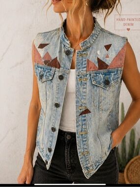 Hand Painted Denim Vest Wearable Art Geometric Streetwear Festival Boho Small